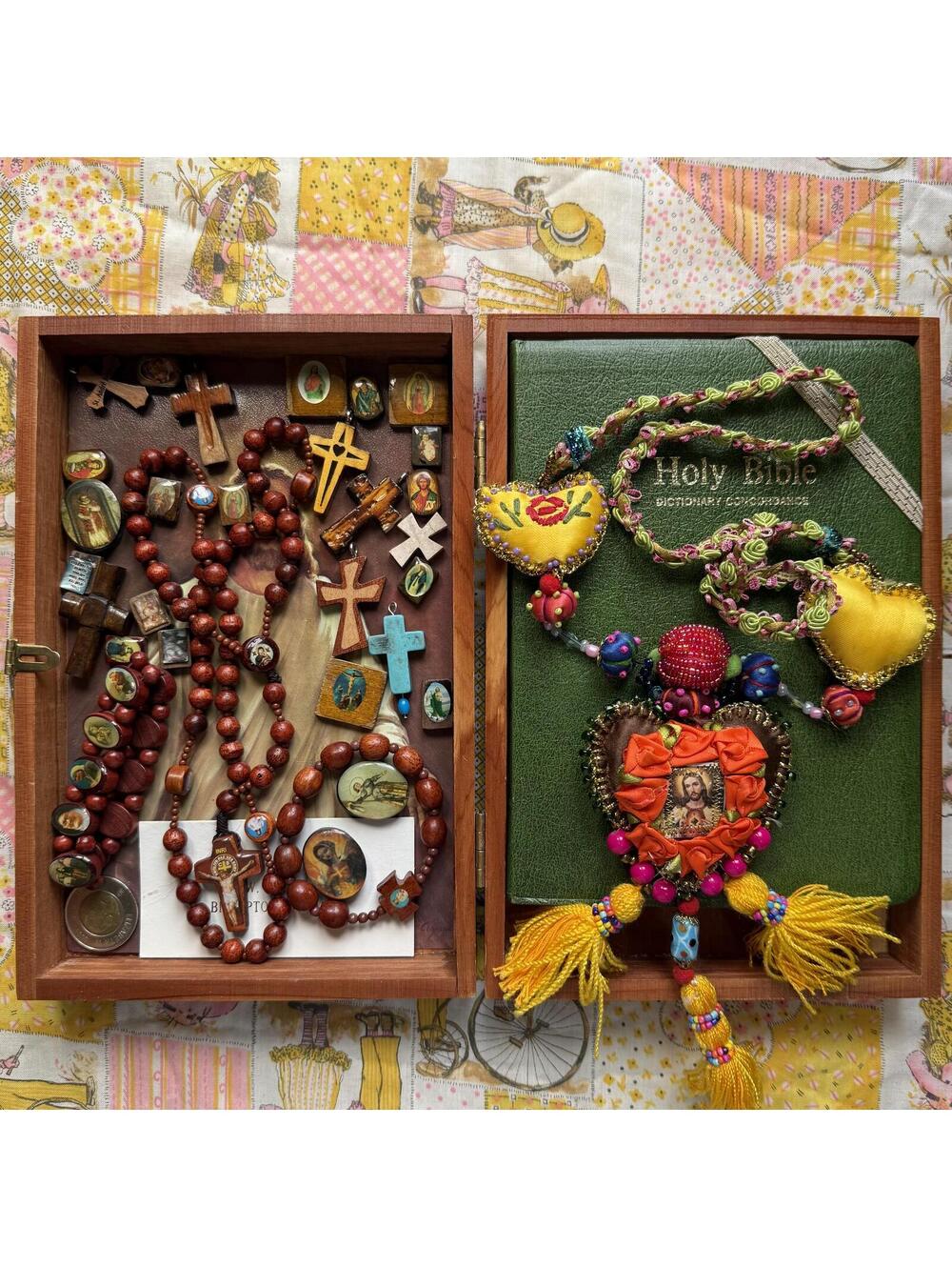 Vintage Catholic Shrine Lot: Holy Bible Rosary Wood Crosses Folk Art Saints Box